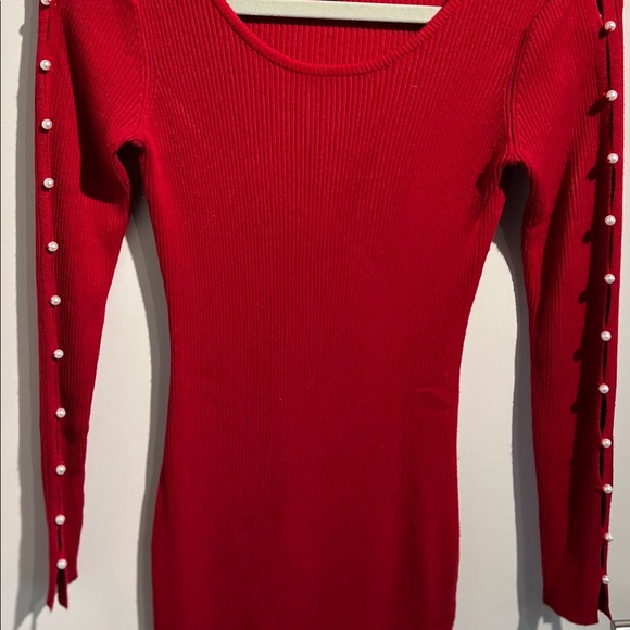 BCX Red Ribbed Sweater Dress w/Pearl Embellished Sleeves Size Small Rayon/Poly - Picture 8 of 12